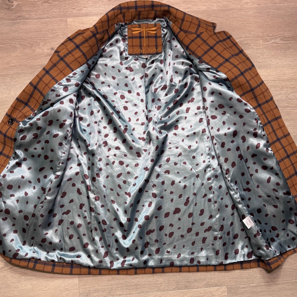 Tyler Boe Womens XS Plaid Wool Blend Coat Brown Navy Blue Leopard Lined Xsmall - Picture 2 of 8